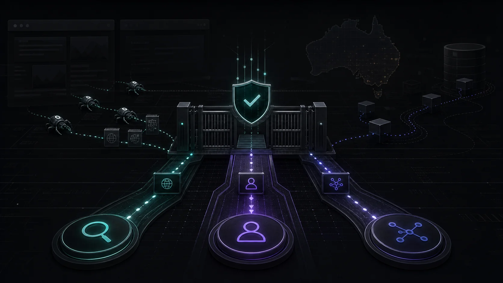 Dark premium illustration of AI crawler pathways passing through search, agent and training access controls for a business website