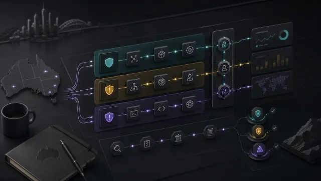 Dark premium illustration of AI agent workflow lanes passing through risk severity gates, approval checkpoints, and incident response logs