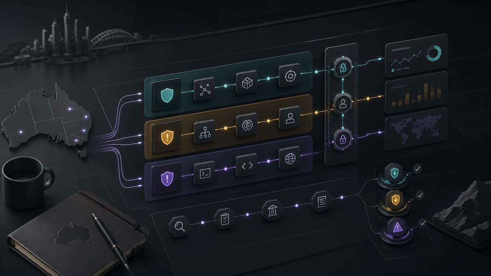 Dark premium illustration of AI agent workflow lanes passing through risk severity gates, approval checkpoints, and incident response logs
