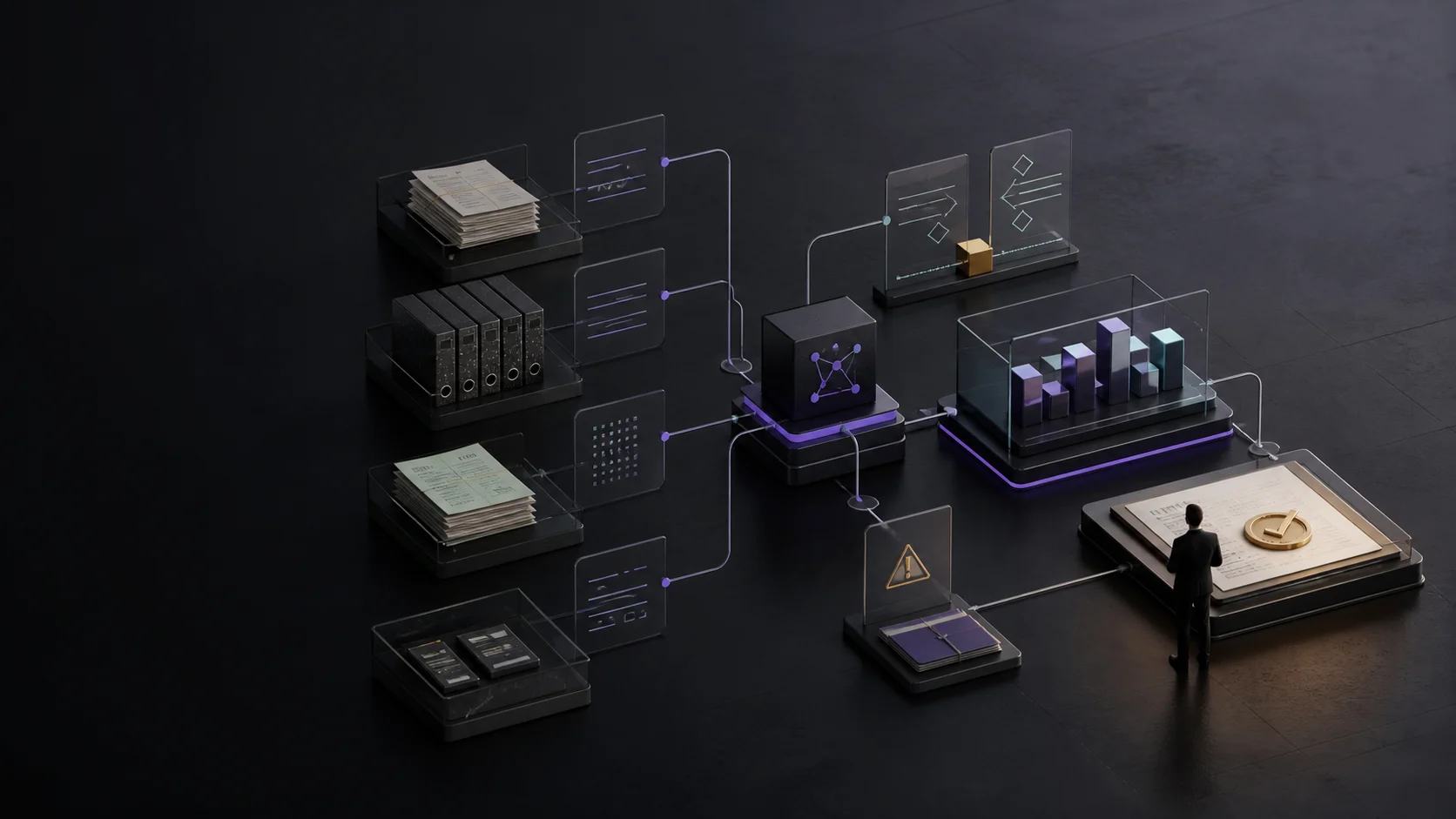 Dark editorial illustration of a finance workflow connecting source records to a human approval checkpoint