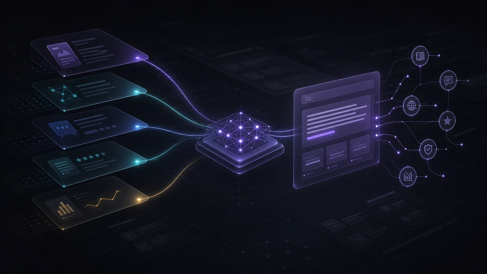 Dark premium proof stack illustration showing AI search citations, structured pages, reviews and measurement signals converging into an answer graph