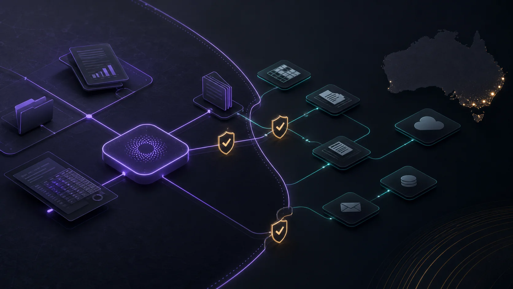 Dark premium illustration of AI workflow boundaries, approval checkpoints and connected business apps