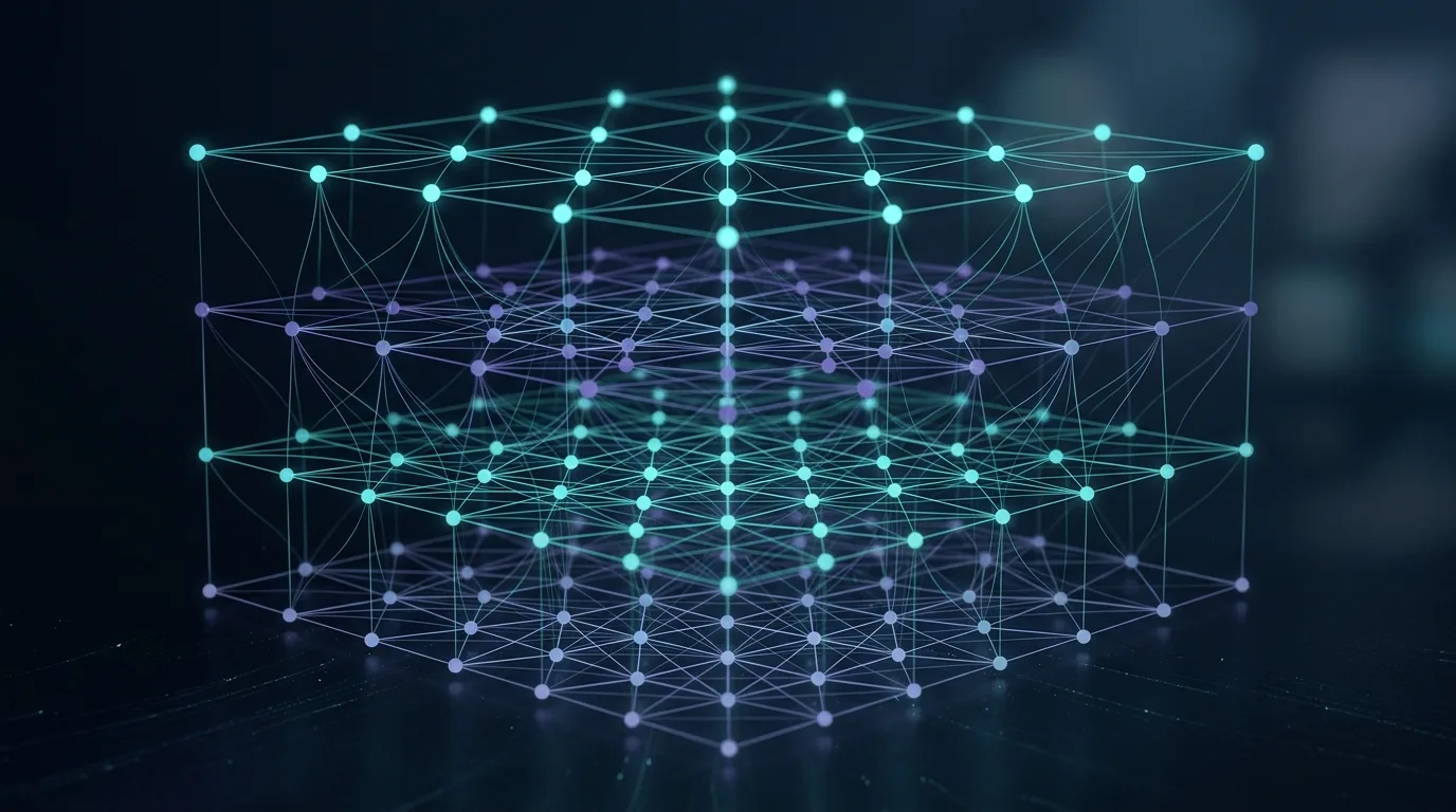 3D lattice network visualization representing the four dimensions of the AI Fluency Framework in teal and purple