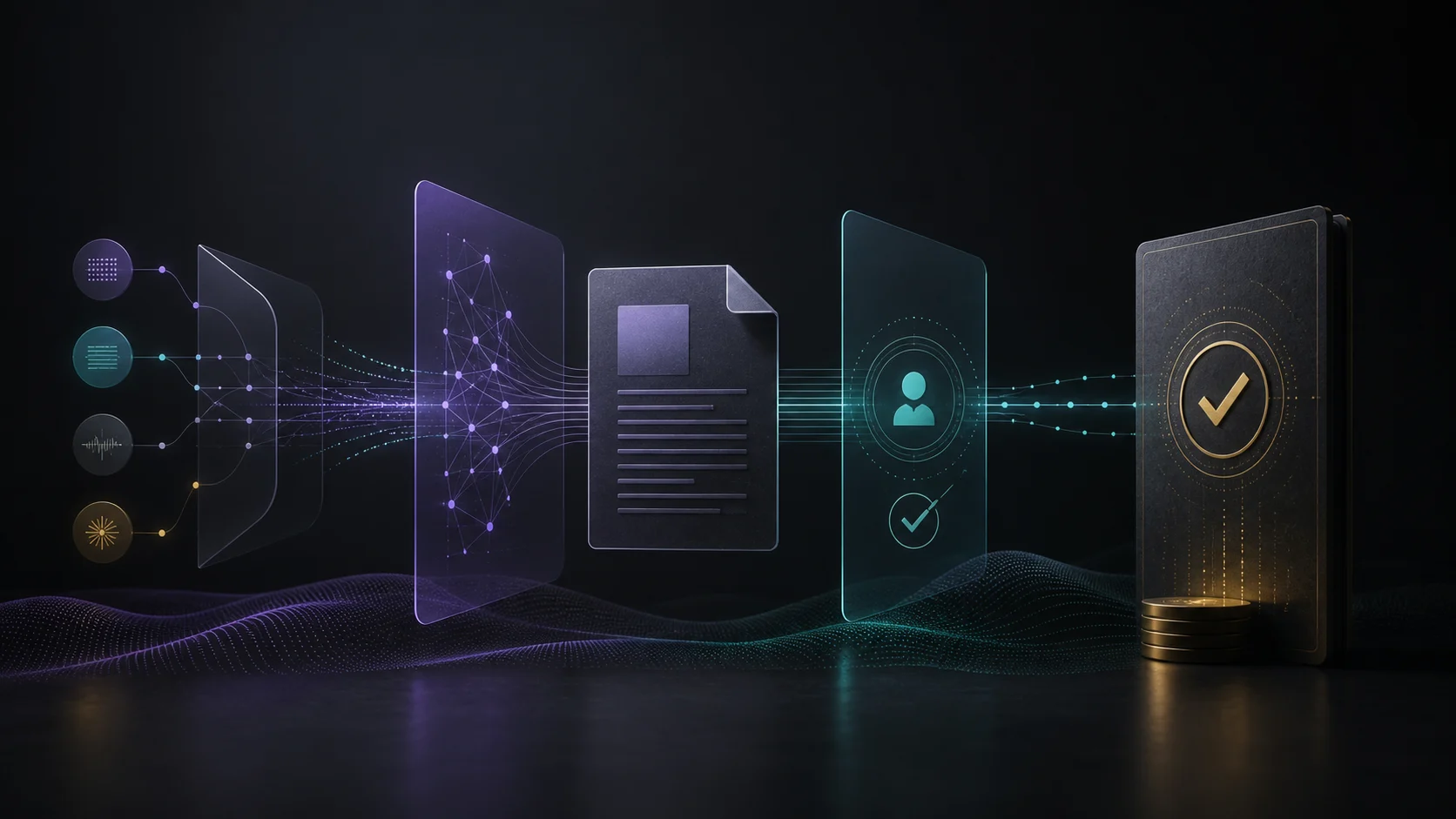 Dark editorial illustration of AI-assisted content moving from source records through processing and human review into a signed publication record