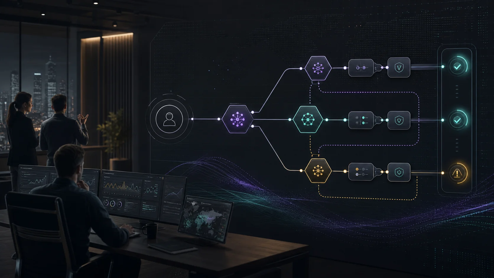 Dark RxAI-style AI workflow control room showing model routing, fallback paths and status checkpoints