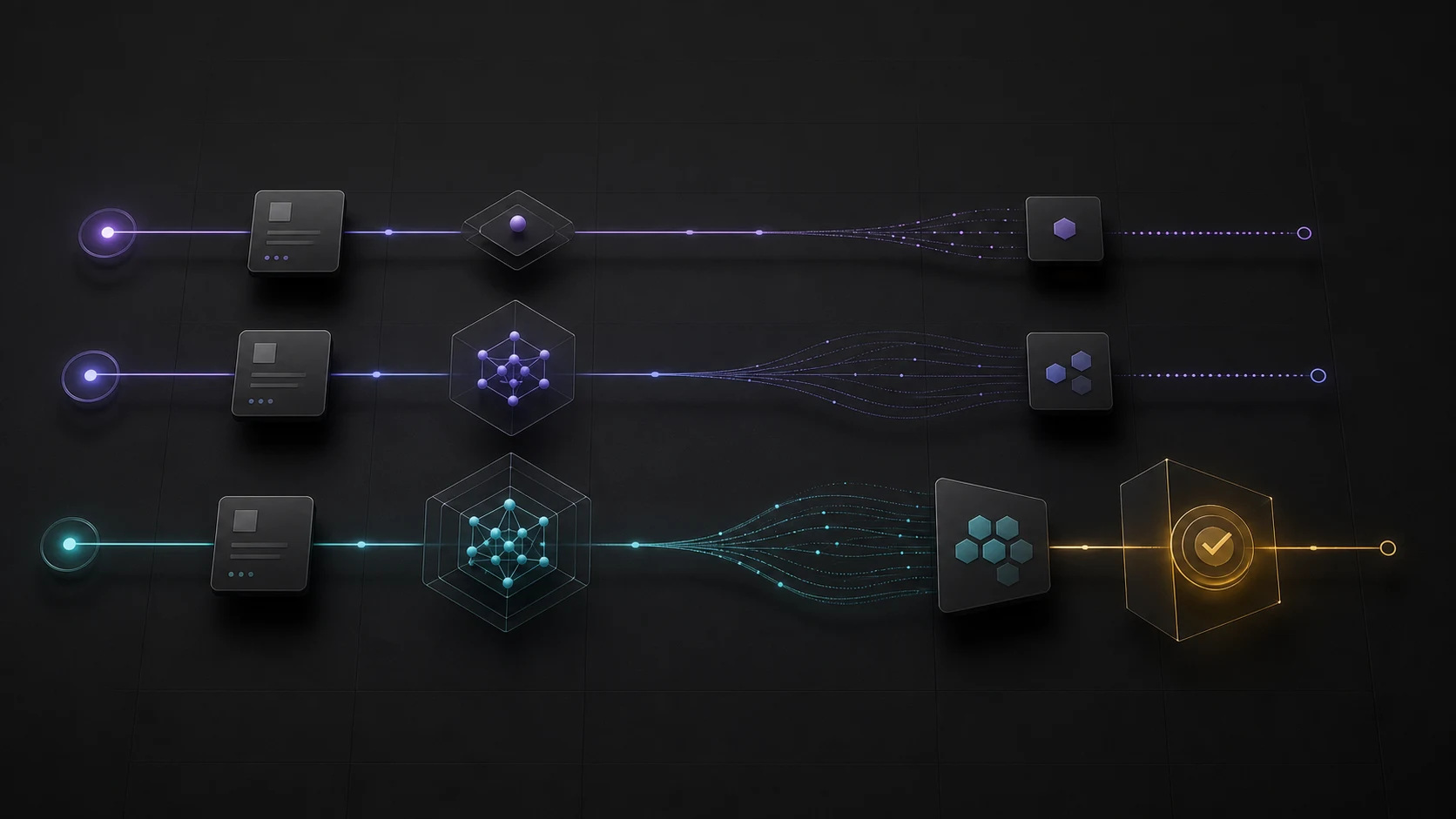 Abstract AI workflow lanes showing graduated reasoning effort and a human approval gate