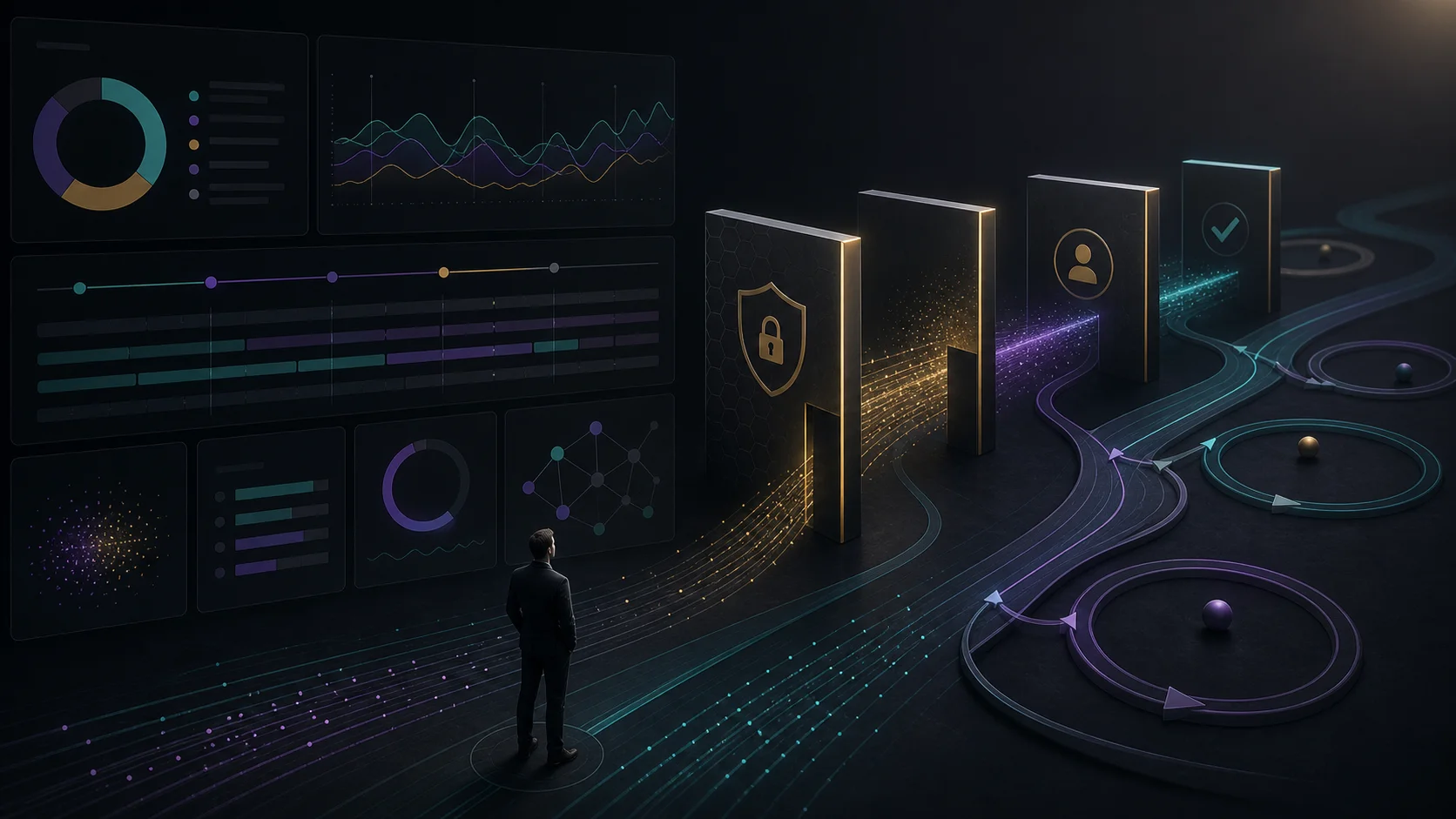 Dark premium illustration of AI usage audit dashboards, privacy gates and workflow review loops