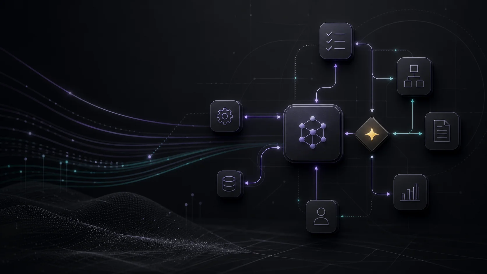 Dark premium illustration of AI agent workflow lanes with cost controls, audit checkpoints, and human review nodes