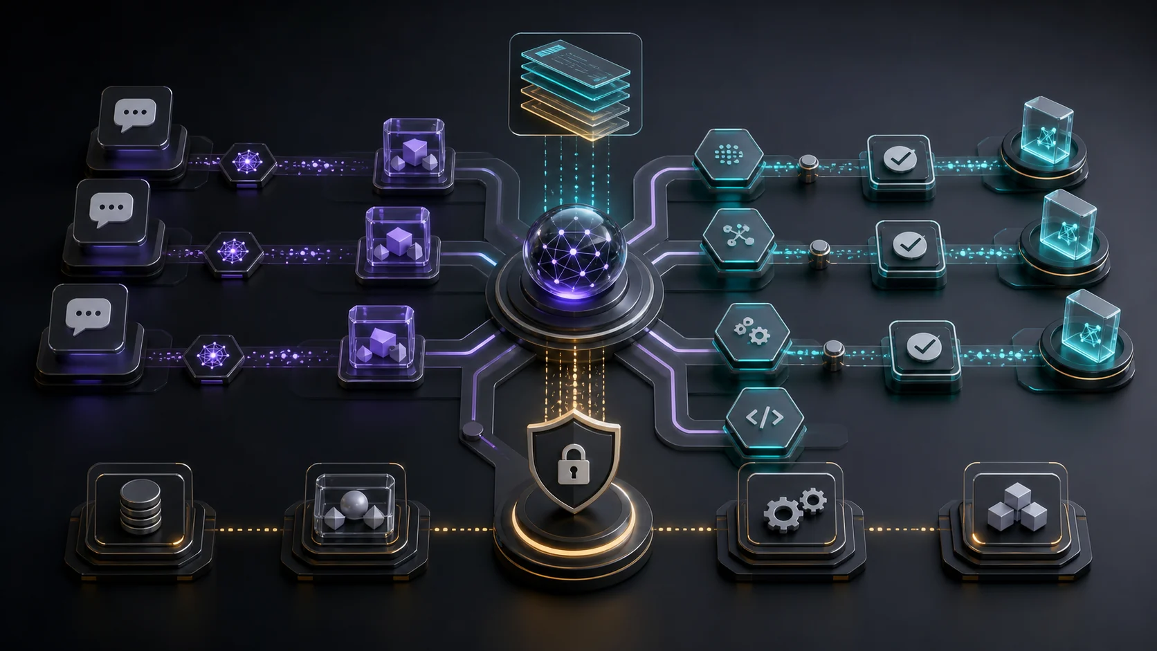 Dark premium illustration of AI agent workflow delegation with task lanes, review gates and permission controls