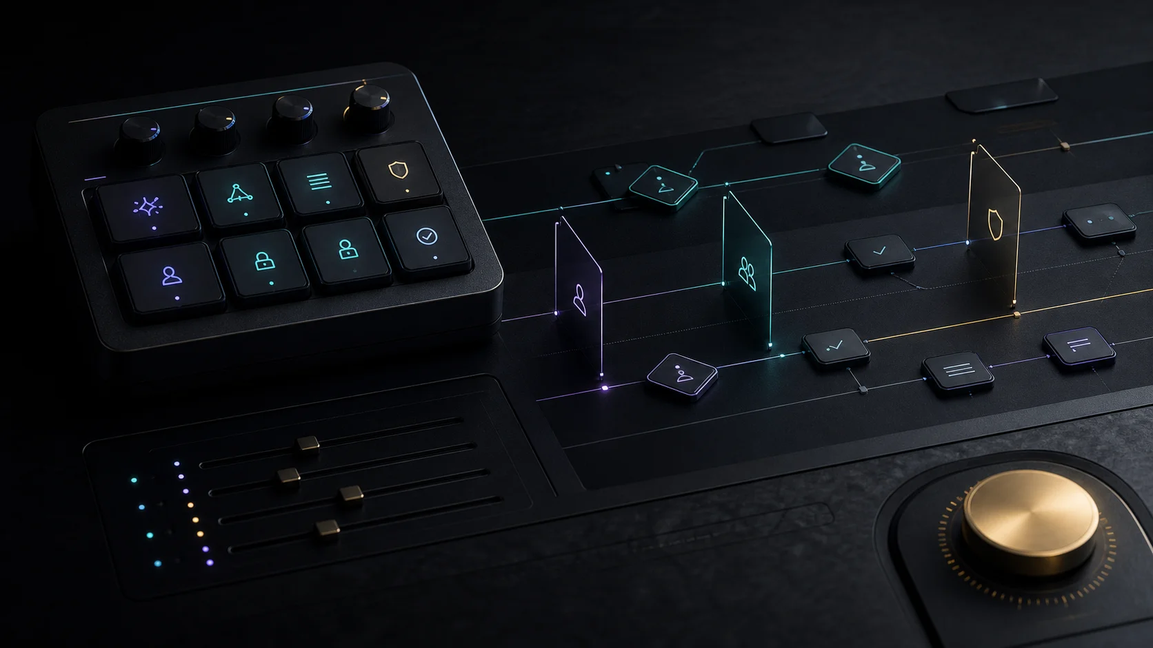 Dark premium illustration of a physical AI agent control surface with workflow lanes, approval gates and permission checkpoints