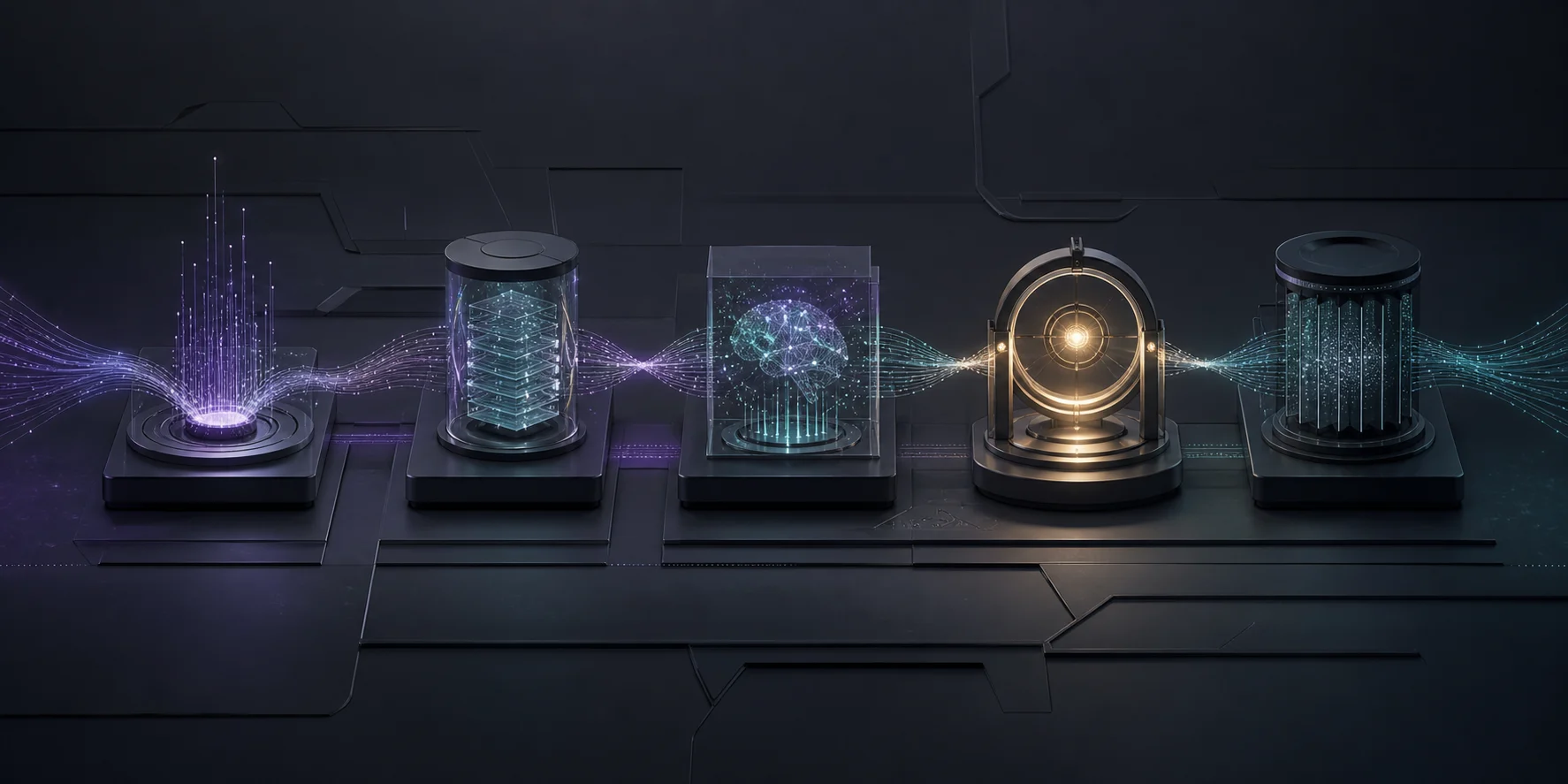 Five-stage AI workflow passing through a gold human approval checkpoint before execution
