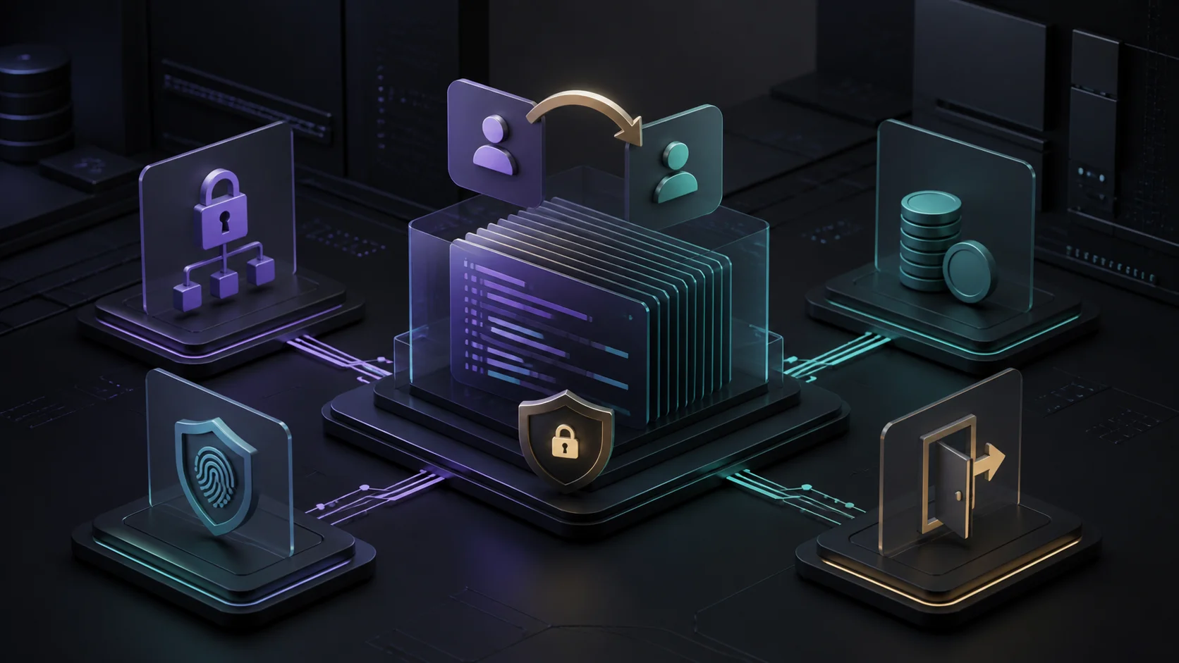 Dark technical illustration of an AI coding repository surrounded by permission, data, ownership and exit controls