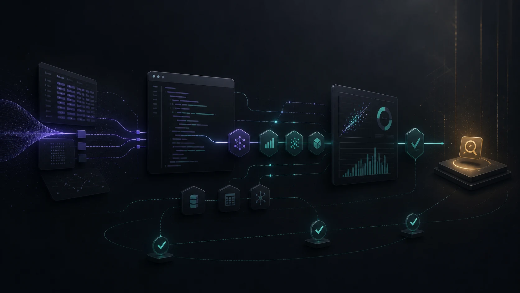 Abstract dark illustration of an AI data-science workflow moving through data, analysis and human verification checkpoints