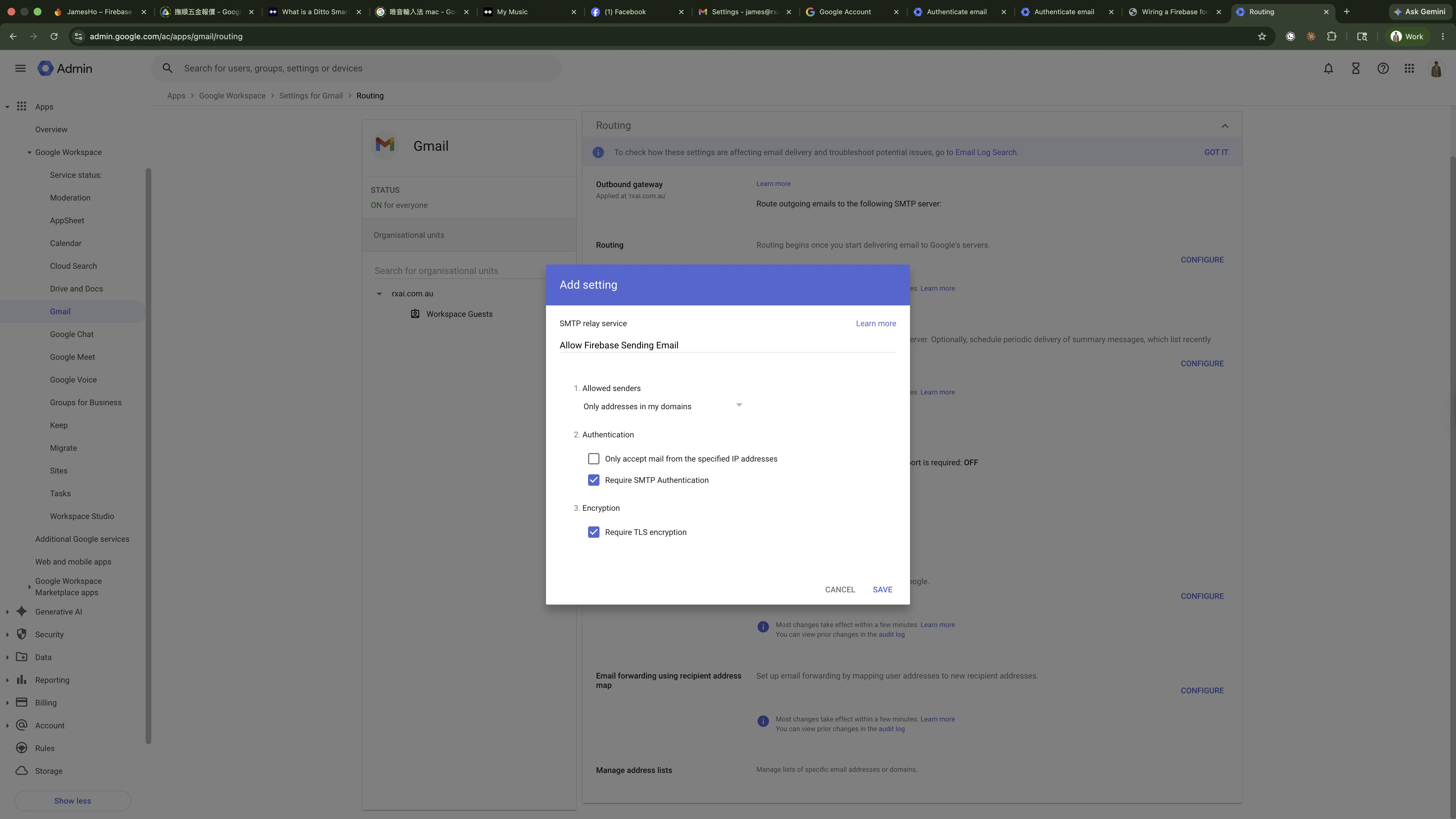 SMTP Relay Service settings panel inside the Google Workspace Admin Console