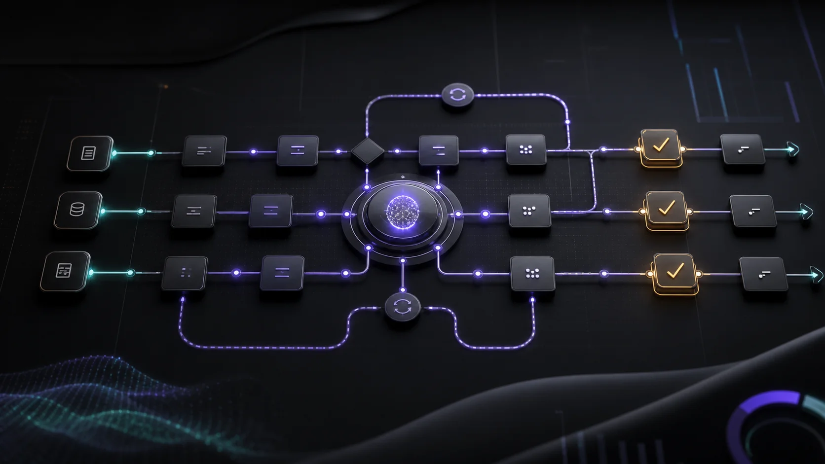 AI agent workflow graph lanes with retry loops and approval checkpoints
