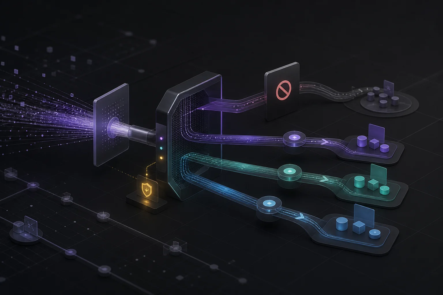 Abstract campaign creation workflow routed through an API gateway with one closed branch and three controlled alternatives