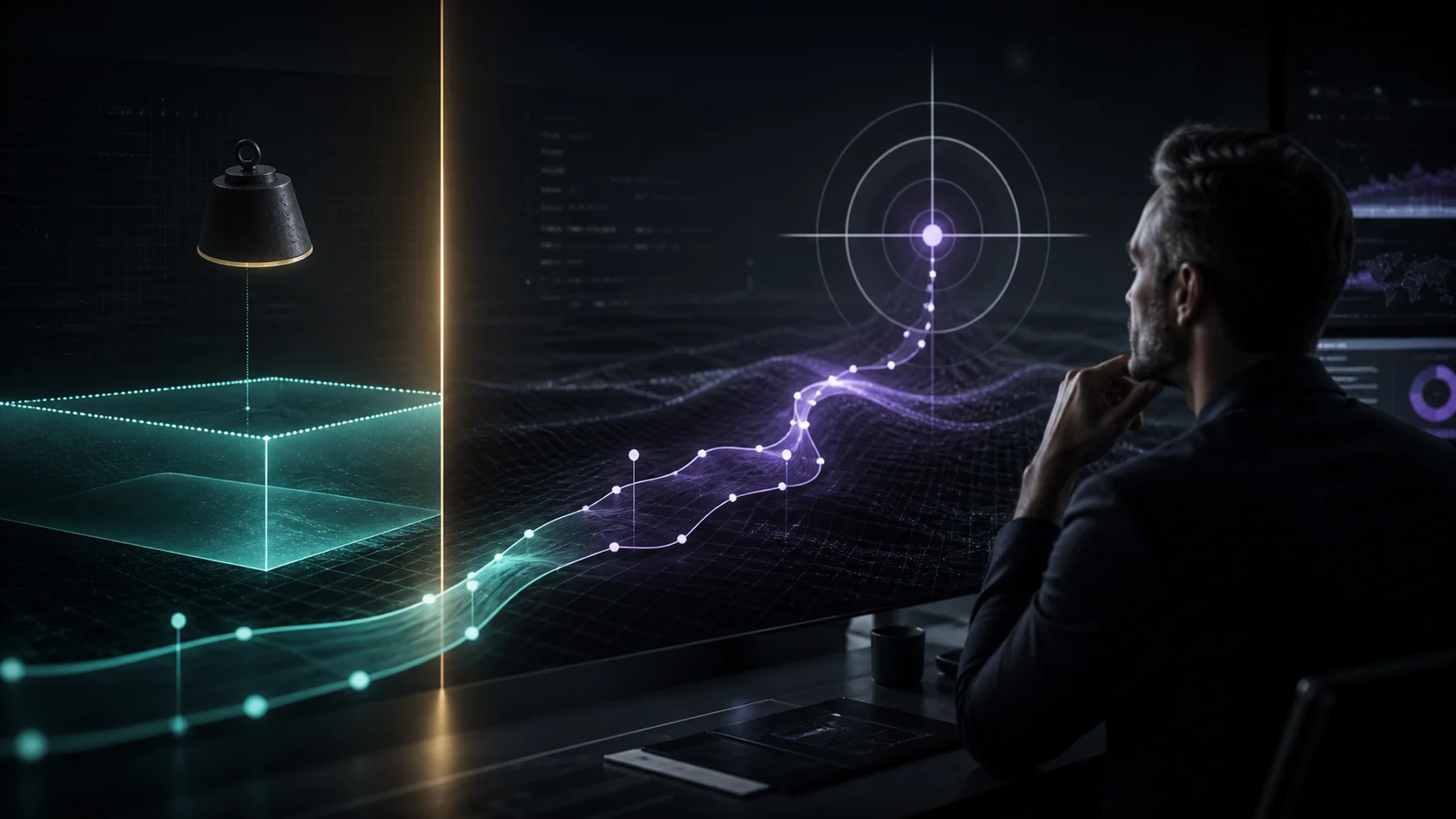 Abstract dark illustration of a human reviewing a target-based advertising path against a budget boundary