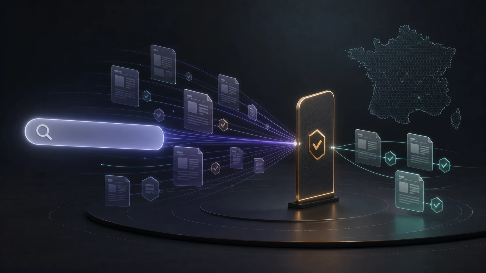 Dark abstract search governance scene with luminous web documents moving through a clear decision gate