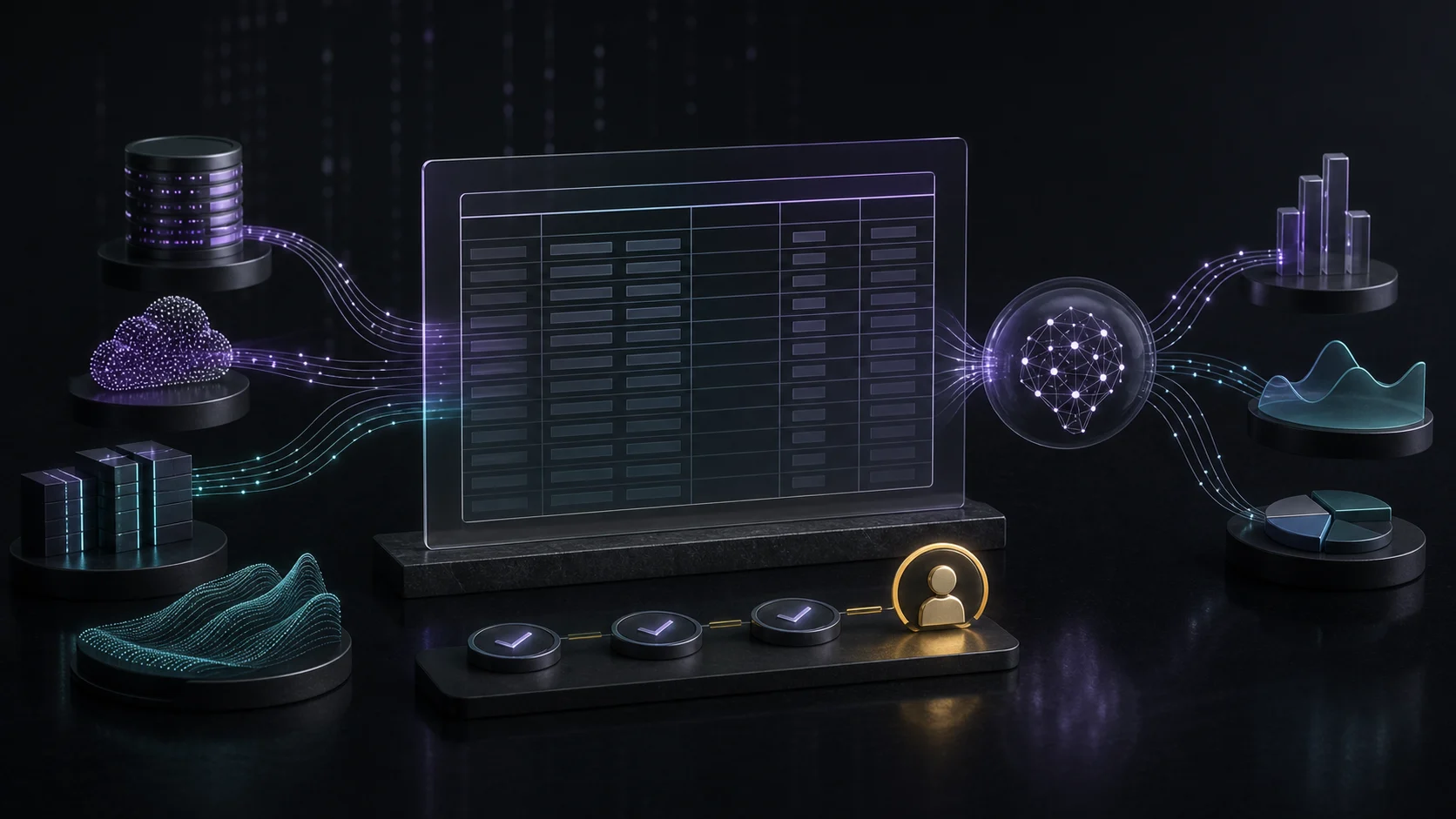 Dark governed analytics system linking a KPI dictionary, business data and an AI agent through validation checkpoints