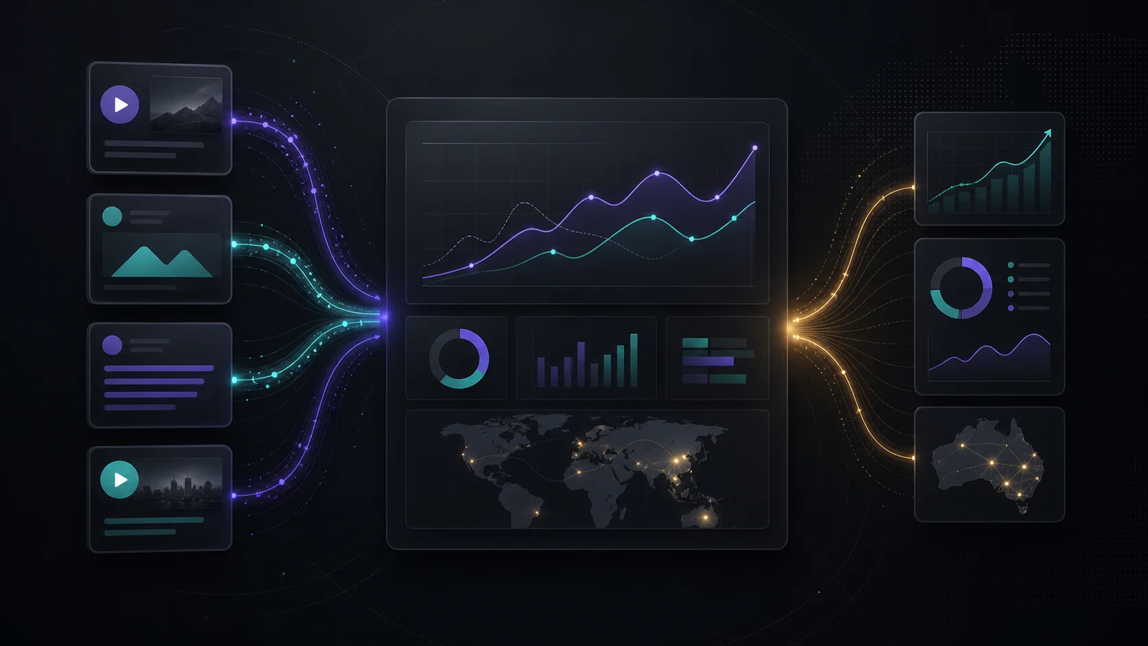 Dark premium analytics illustration showing social and video content flowing into Google Search performance reporting