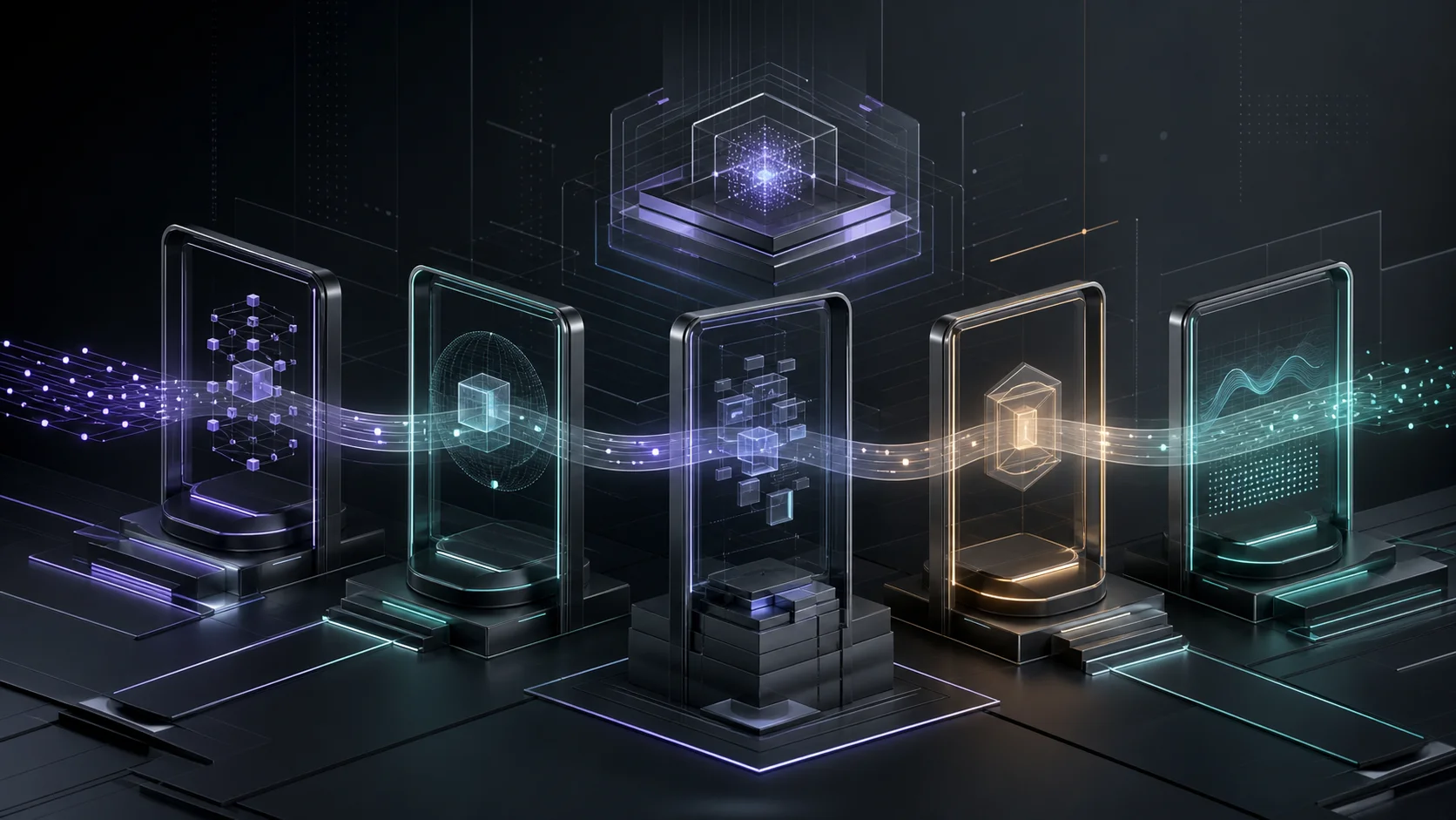 Five-stage AI agent workflow passing through violet, teal and gold governance checkpoints