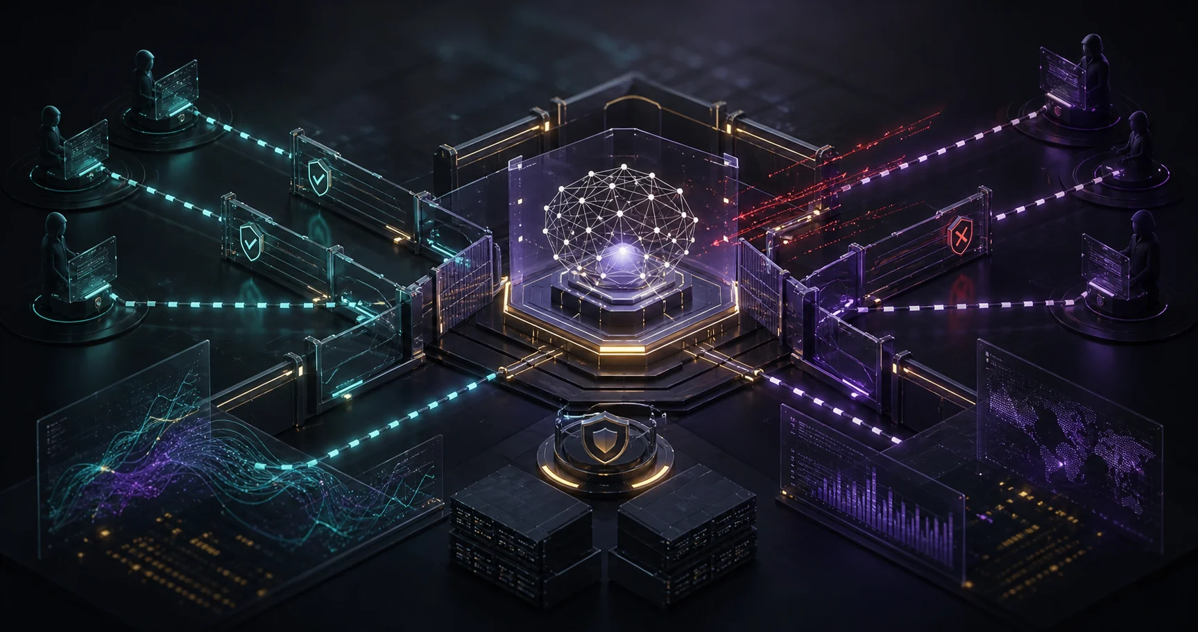 Abstract AI agent workflow passing through red-team security tests and permission gates