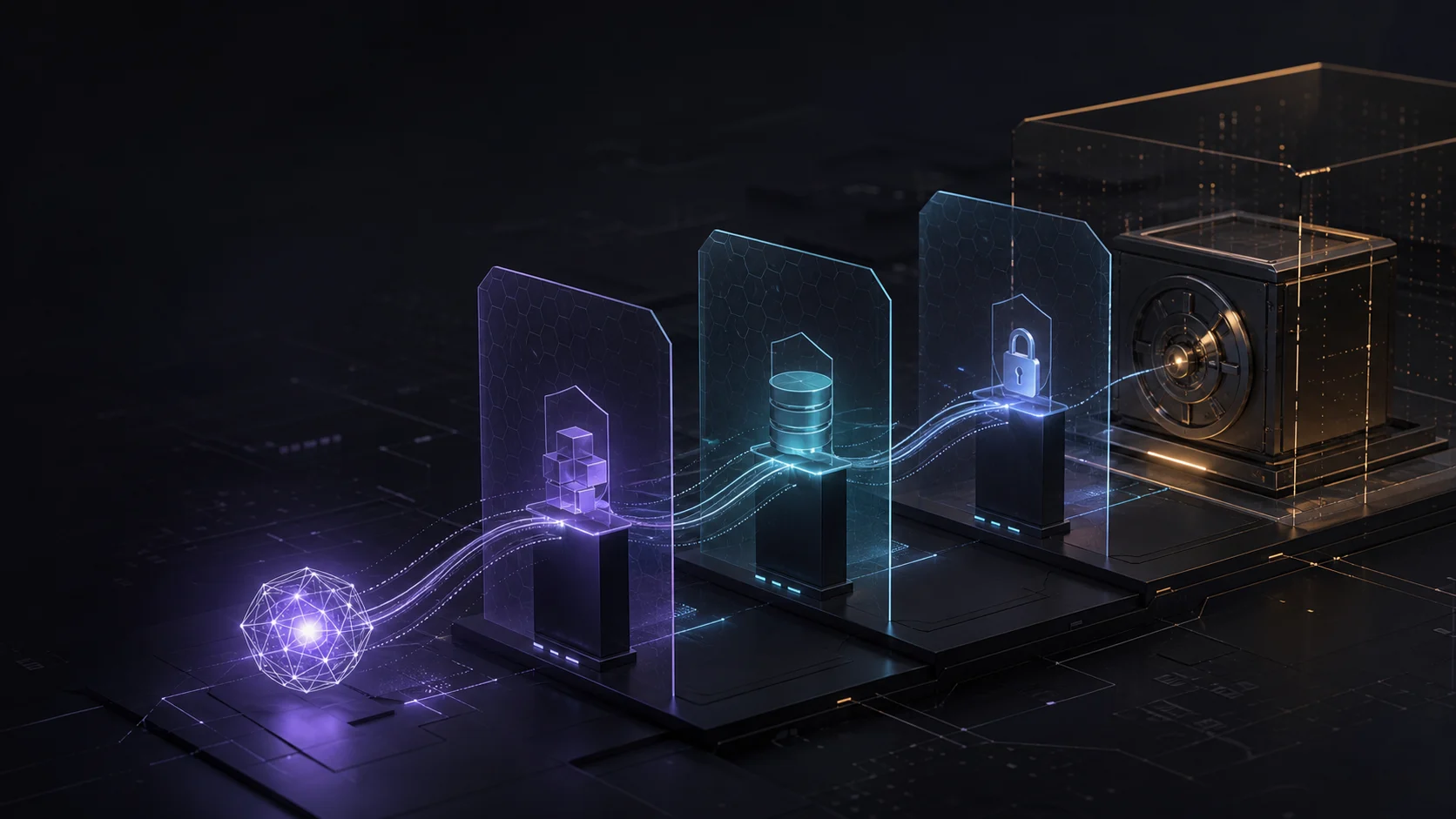 Abstract AI agent moving through three isolated security layers around a protected data vault
