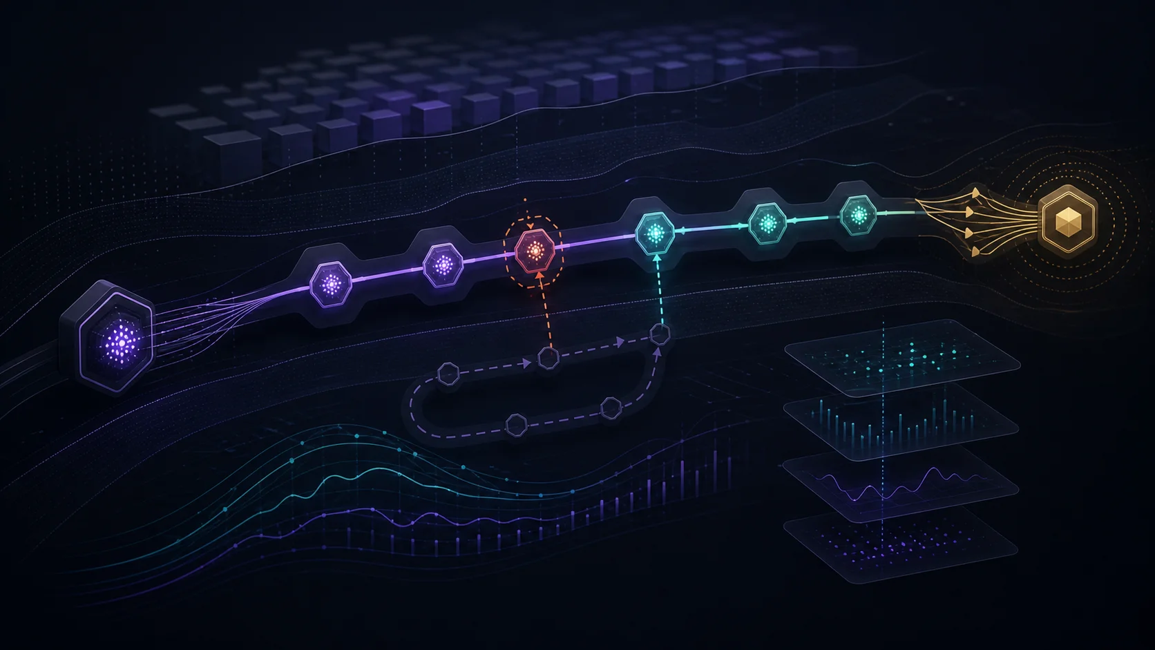Dark premium illustration of recoverable AI workflow lanes with checkpoint nodes, retry loops and observability traces