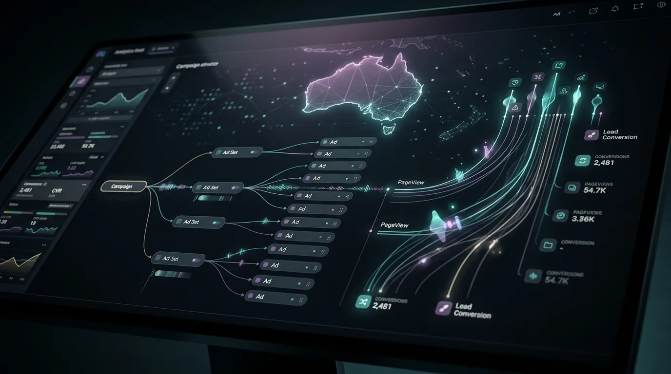 Dark technical dashboard showing Meta Ads campaign structure, Pixel event streams, and lead conversion tracking for Australian B2B marketing