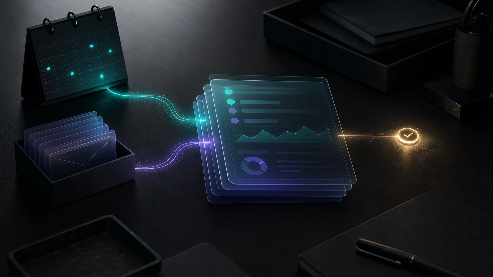 Dark abstract executive briefing workflow with teal and violet information paths and a warm-gold human approval checkpoint