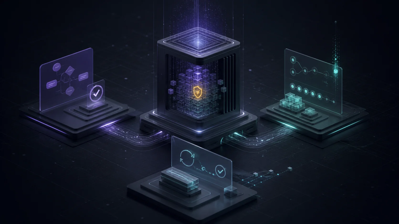 Dark premium illustration of a coding agent workflow with approval, event logging and recovery paths