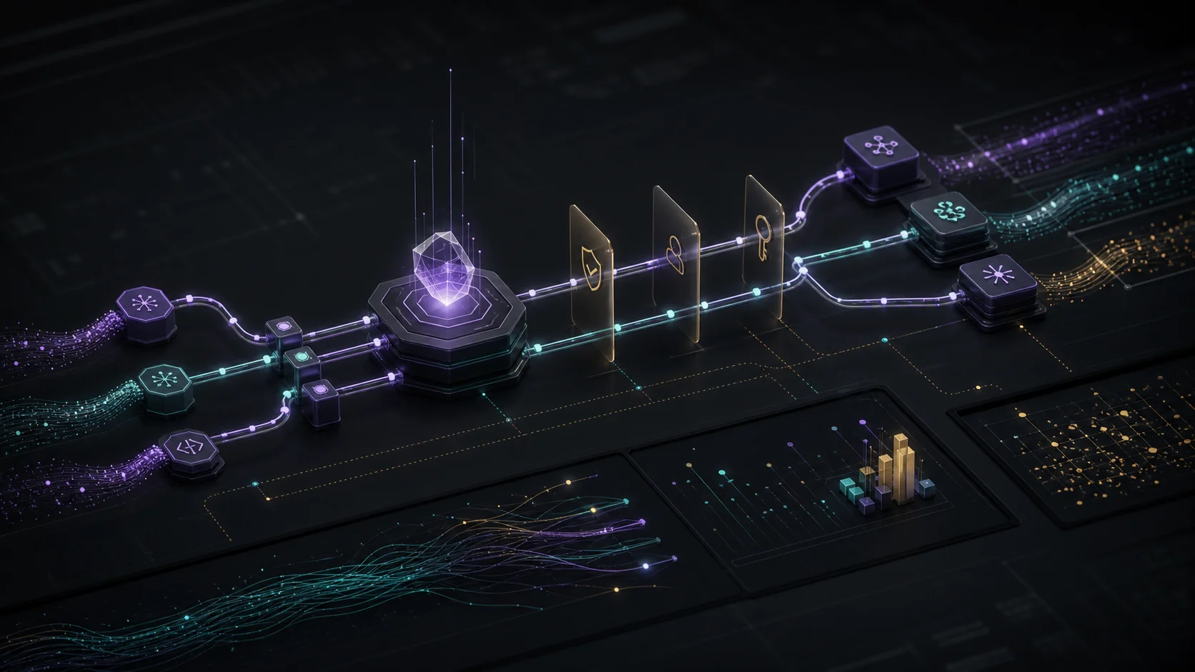 Dark premium illustration of model API workflow lanes with permission gates, cost routing and evaluation logs