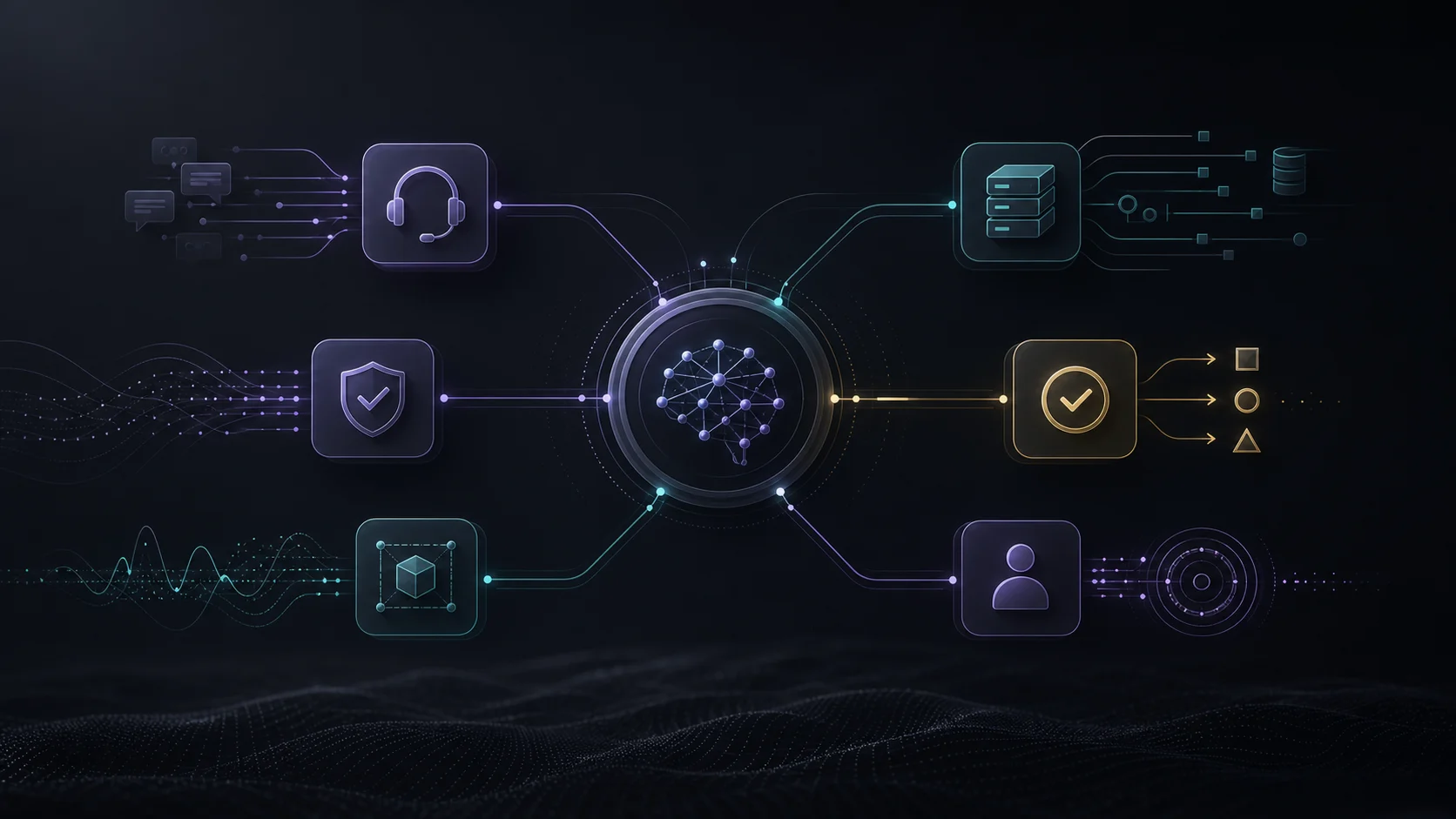 Dark abstract AI agent workflow with policy guardrails, system connections and a human escalation gate