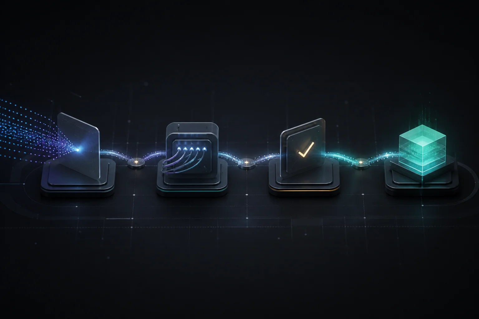 Dark technical workflow illustration showing AI output moving through tools and human approval to a completed business task
