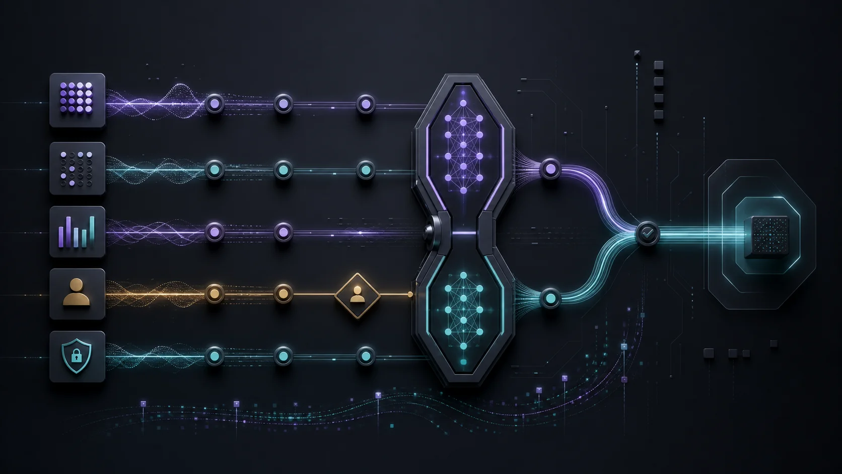 Five AI workflow test lanes passing through a model-change gateway with approval and security checkpoints