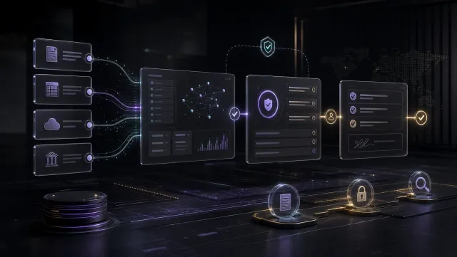 Dark premium illustration of an AI agent workflow with audit checkpoints
