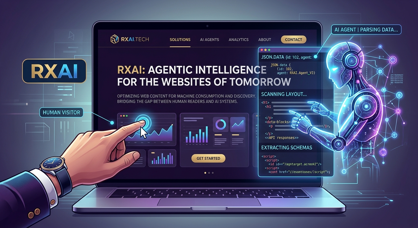 Hero illustration showing humans and AI agents interacting with a website